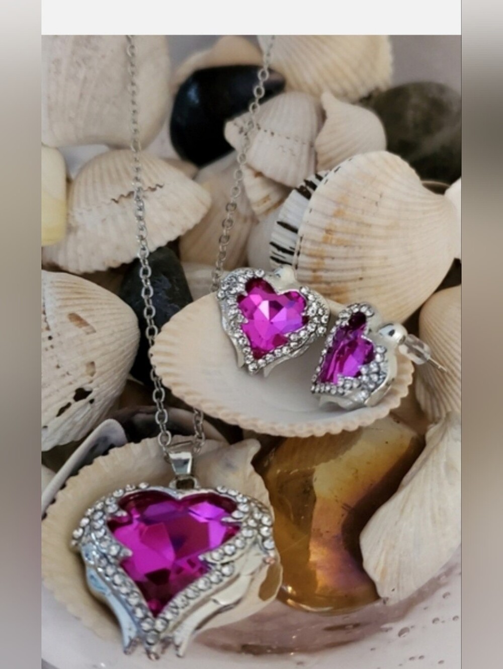 Pink Heart Angel Wings Necklace & Earrings Set